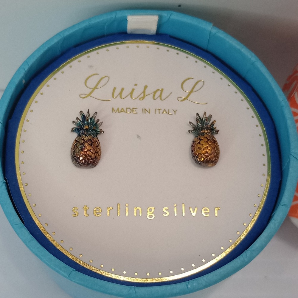 Luisa L Sterling Silver Pineapple Stud Earrings .925 Italy Enamel 13mm Boxed‎ - Picture 6 of 13